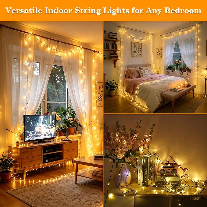 FairyGlim Christmas Lights Outdoor 100LED 33FT, Green Wire Connectable Christmas String Lights | 8 Modes Twinkle Fairy Lights Plug in with Timer, for Indoor Outside Xmas Trees Garden Party, Warm White