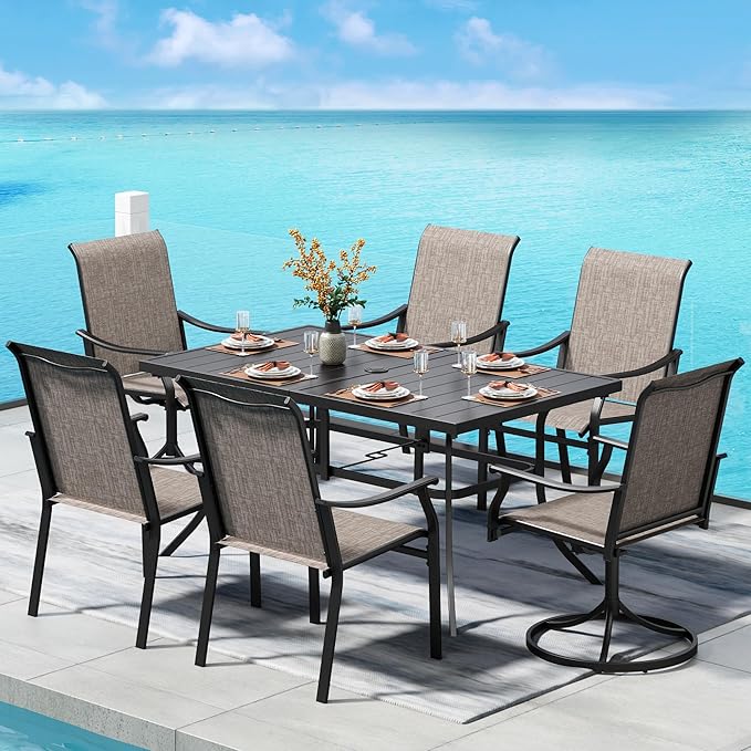 PHI VILLA 7 PCS Patio Dining Set,2 Swivel & 4 Stable Outdoor Dining Chairs, Metal Dining Table,Quick-Dry Textilene Fabric and Sturdy Metal Frame,Outdoor Table and Chairs for Yard