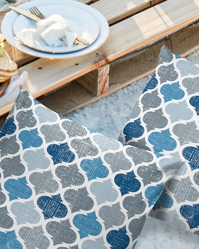 Morocco Outdoor Pillow Shams Set of 2, Decorative Pillowcases Cushion Case, Soft Throw Pillow Covers Waterproof Pillow Case 16x16 Inch, Blue Grey Geometry Retro