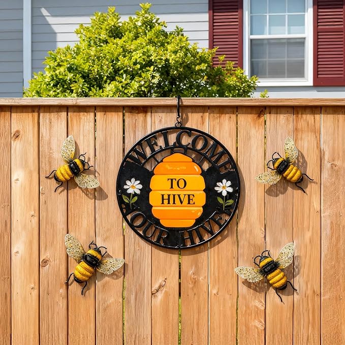 Metal Bee Outdoor Wall Decor - 2Pcs Bee Wall Art Garden Decor, Bumble Bee Decorations for Home, Yard Art Fence Decorations Outdoor