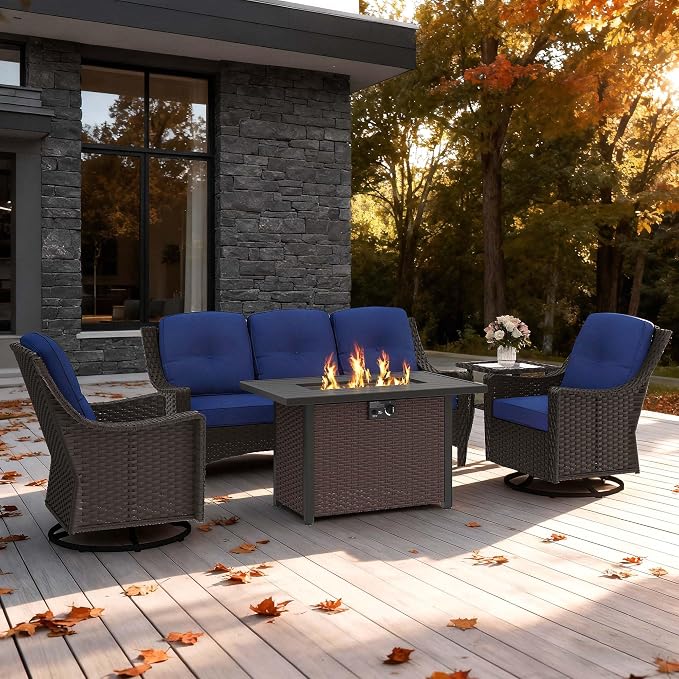 5-Piece Patio Furniture Set, Featuring a fire Pit Table, Rattan Swivel Chairs, Patio Sofa, and Side Table. Ideal for backyards, patios, and Poolside Areas.