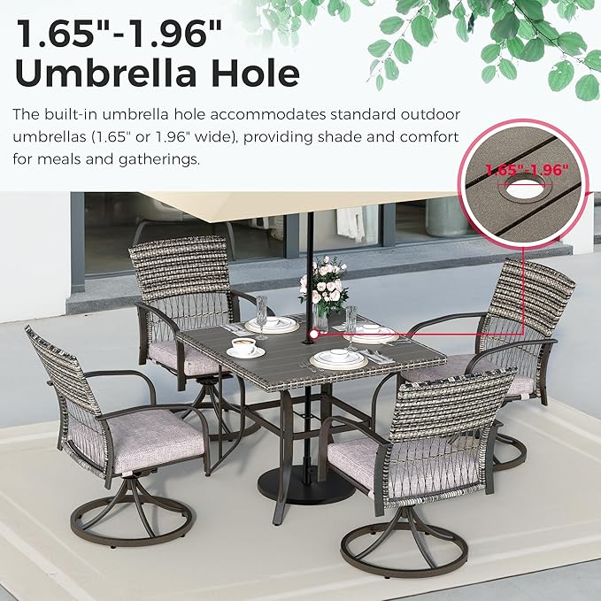 Pamapic 5-Piece Outdoor Dining Set with Swivel Chairs, Rattan Patio Furniture for Backyard, Deck, Garden, Weather-Resistant Iron Slats Table & 4 Chairs with Removable Cushions (Grey)