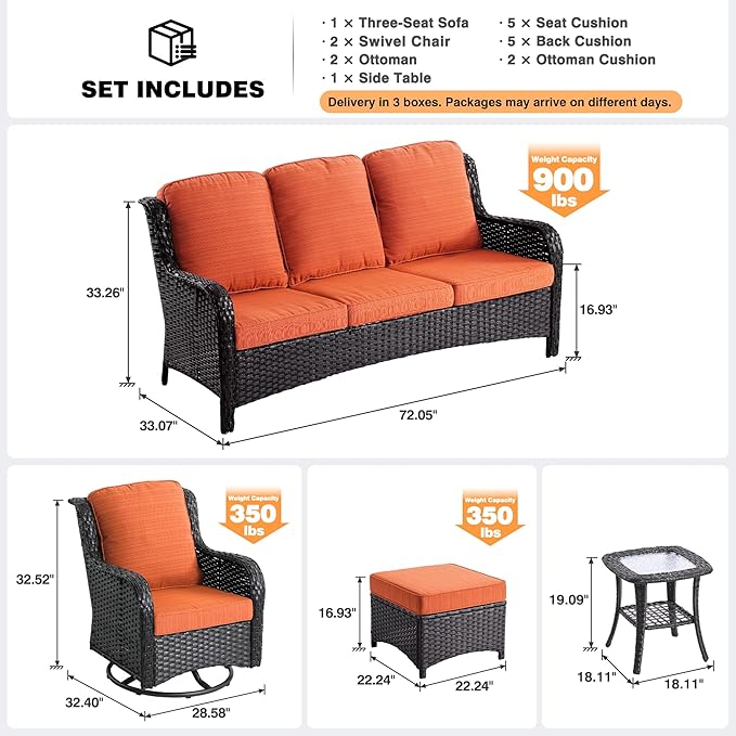ovios 6-Pieces Patio Furniture Set with Swivel Chairs, Outdoor Wicker Sofa Couch Gliders Rocker Comfy Cushions, High Back Modern Conversation Set, Brown Rattan, Orange Red