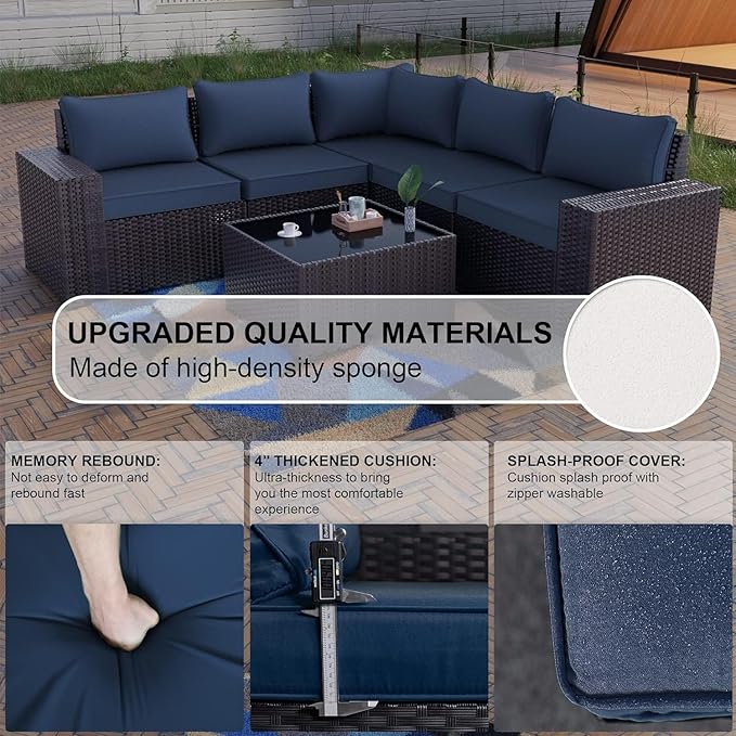 Kullavik 6PCS Outdoor Patio Furniture Set PE Wicker Rattan Sectional Sofa Patio Conversation Sets,Navy Blue