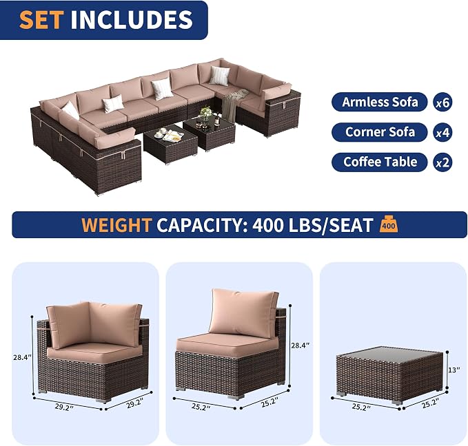Patio Furniture Set, Modular 12-Piece Patio Conversation Sets with Coffee Table, All-Weather Wicker Outdoor Sectional for Backyard and Balcony, Grey (Waterproof Covers Included)