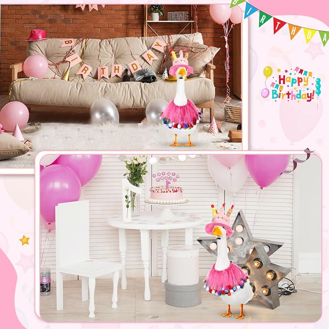 Aliceset Happy Birthday Porch Goose Outfit Lawn Goose Clothes Hat and Tutu Collar Goose Outfits for 23" Cement/Plastic Porch Goose Outdoor Statue Patio Yard Lawn Art (Pink)