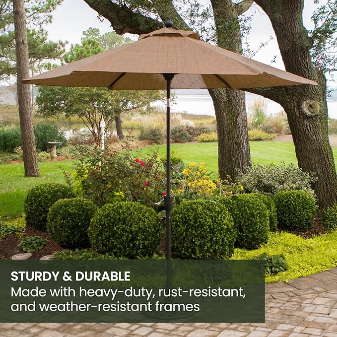 Hanover Montclair 9' Market Outdoor Umbrella, All-Weather, Crank Lever, Tan