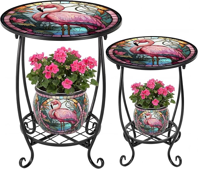 Cinnvoice 2 Pcs Outdoor Side Table Small Patio Round Mosaic Accent End Table Indoor Plant Metal Coffee Tea Tables for Patio Yard Porch Garden Living Room(12" and 16",Flamingo Style)