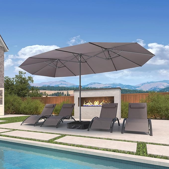 PURPLE LEAF 15ft Patio Umbrella with Base Included Double-Sided Rectangle Outdoor Umbrella Market Table Umbrella with Crank for Pool Garden Deck, Light Grey