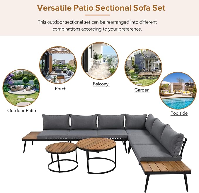 JIVOIT Outdoor Patio Sectional Sofa Set, Modern 6-Piece Conversation Set with Round Nesting Coffee Tables and Seating Sofa with Cushions for Patio, Porch and Garden (Grey * 33)