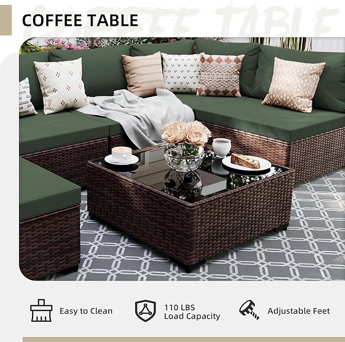 UPHA 9 Pieces Patio Furniture Sets, Wicker Outdoor Sectional Sofa Couch with Rectangle Propane Pit for Deck Backyard Garden, Brown Rattan, Pine Green Cushion