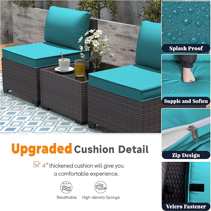 Patio Furniture Set 6 Pieces Outdoor Sectional Sofa Set,PE Rattan Wicker Patio Conversation Set with Thickened Cushions and Glass Coffee Table,Blue