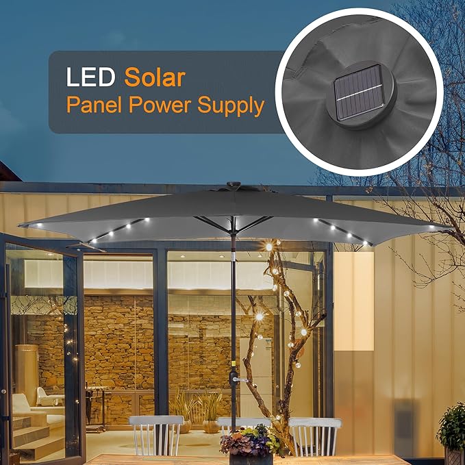 Rectangle Patio Umbrella with Solar Lights, 10 x 6.5ft Rectangular Outdoor Umbrella Table Market Patio Umbrella with Push Button Tilt and Crank for Garden, Deck, Backyard, Pool