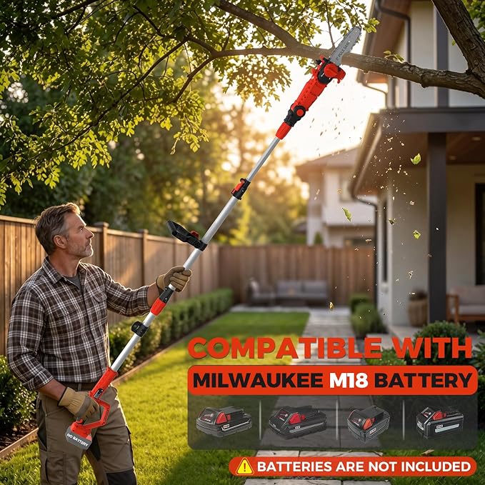 SHOHO Cordless Pole Saw Compatible with Milwaukee M18 Battery, Electric Pole Saws for Tree Trimming Battery Powered, Auto Lubrication System, Adjustable Pole Chainsaw (Battery not Included)