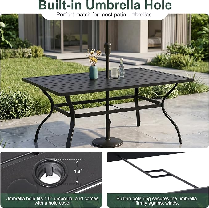 Outdoor Patio Table,60"x 38" Rectangle Outside Dining Table with 1.6" Umbrella Hole for Poolside Backyard Lawn
