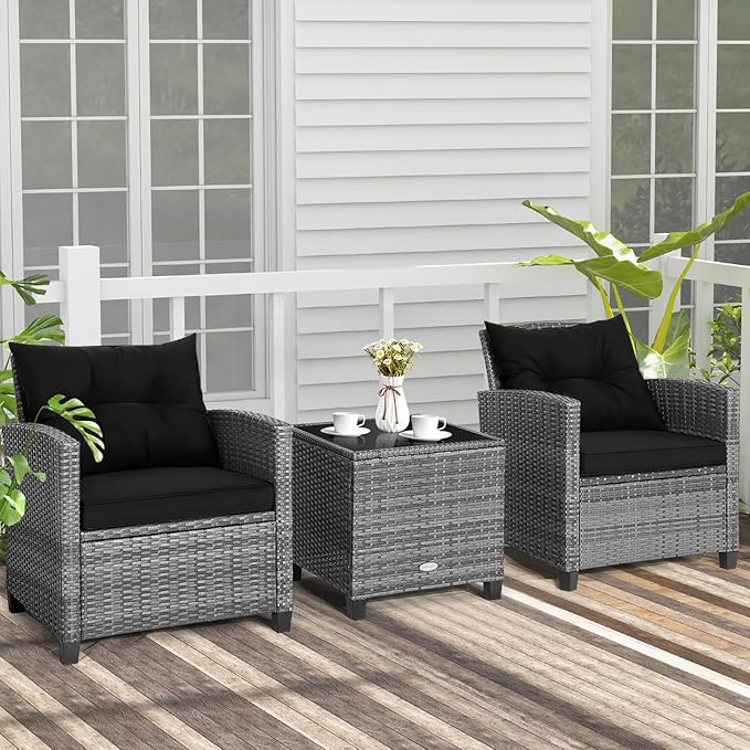 COSTWAY 3-Piece Patio Furniture Set, Outdoor Wicker Rattan Sofa with Cushions, Coffee Table with Tempered Glass, Conversation Sofa Set for Poolside Backyard Balcony (Black)