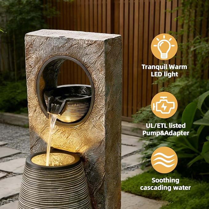 39.7" Water Fountain Outdoor with LED Lights – Resin Garden Fountain for Patio, Poolside, Deck & Indoor Use – Calming Flowing Water Sound for Relaxation – Easy Assembly