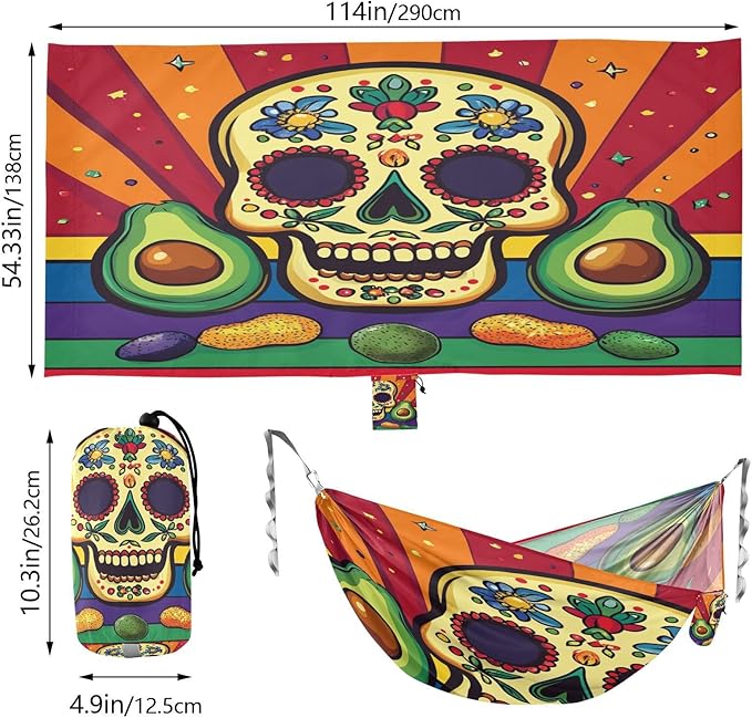 Mexican Cinco De Mayo Skull Colorful Outdoor Hammock with Tree Straps Tree Hammock for Outside Beach Patio Garden