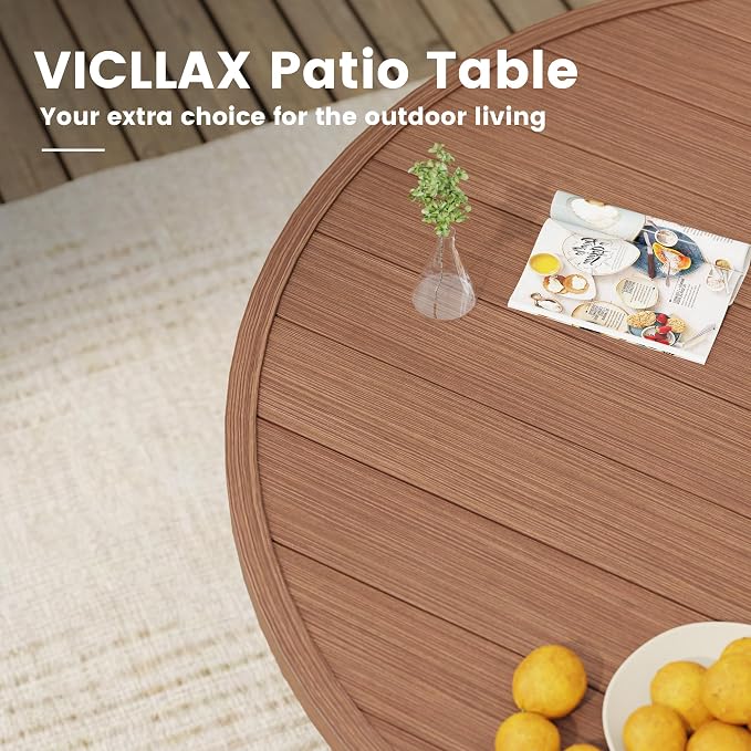 VICLLAX 60" Round Patio Table, Outdoor Dining Table for 8-10 with Umbrella Hole for Garden Lawn Deck Backyard, Walnut