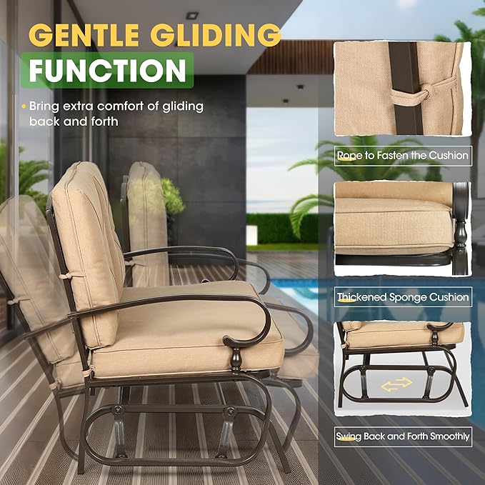 Incbruce 5 Pcs(6 Seats) Outdoor Metal Furniture Sets Wrought Iron Patio Conversation Sets, (Glider, 2 Single Chairs, Loveseat, and Coffee Table) with Cushion (Brown)