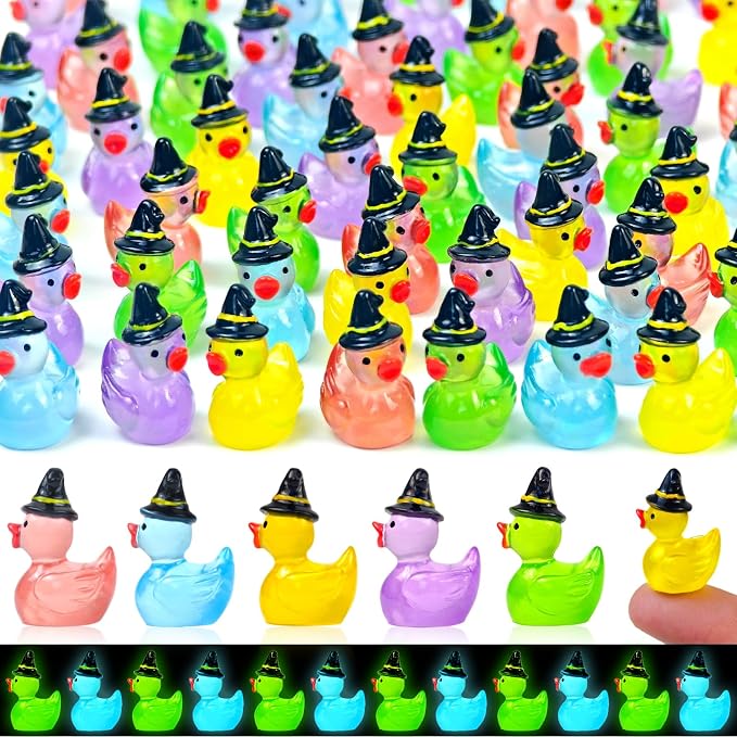 50 Pcs Halloween Luminous Mini Resin Ducks Miniature Figurines | Tiny Little Plastic Duck Figures with Witch Hat Glow in the Dark, Halloween Crafts Micro Landscape Fairy Garden Party Decor