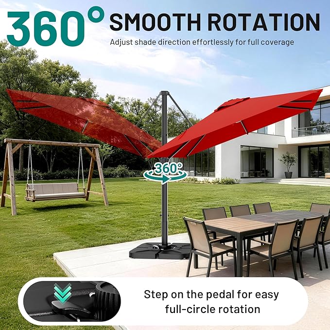 AreShark 10 X 10 FT Cantilever Patio Umbrella, 360-Degree Rotation Square Hanging Offset Umbrella with Crank, Heavy Duty Patio Umbrella for Patio, Pool, Garden, Deck, Red