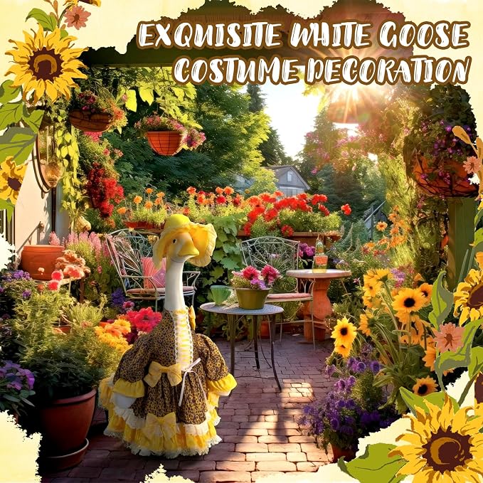 Soulchen 1 Set Summer Sunflower Porch Goose Outfit with Bow 23 Inch Cement Goose Clothes Dress and Hat Costume Set for Summer Christmas Garden Yard Decor