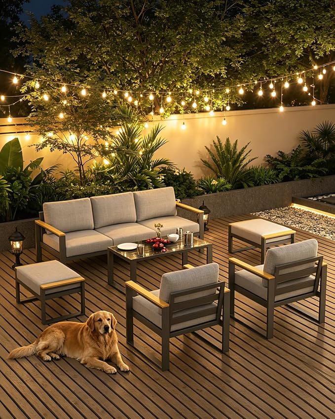 Aluminum Patio Furniture Set, 7 Seats Outdoor Patio Conversation Sets with Coffee Table, 6 Pieces Metal Conversation Sectional Furniture Sofa for Balcony, Garden, Deck, Backyard,Gray