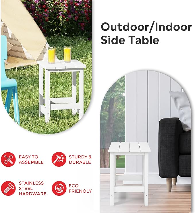 Costaelm Kids Outdoor End Table, Small Patio Table, Outdoor Side Table Porch Table Adirondack Patio Side Table for Outside, Pool, Porch, Garden, White