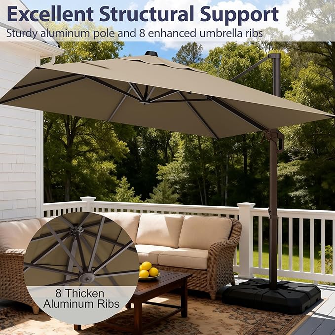 9' X 12' Cantilever Patio Umbrella Rectangle Outdoor Umbrella, 6-Level Tilt & 360° Rotation Offset Umbrella for Garden, Deck, Pool (Brown)