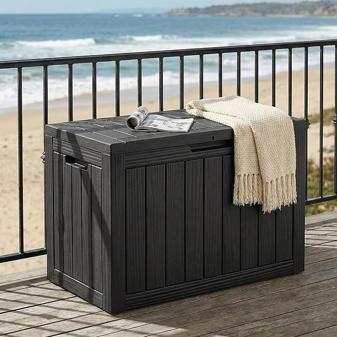 ROJIK Outdoor Storage Box, 55 Gallon Waterproof Deck Box, Weatherproof Resin Outside Storage Bin for Patio Furniture, Garden Tools, Pool Accessories, Cushion, Black