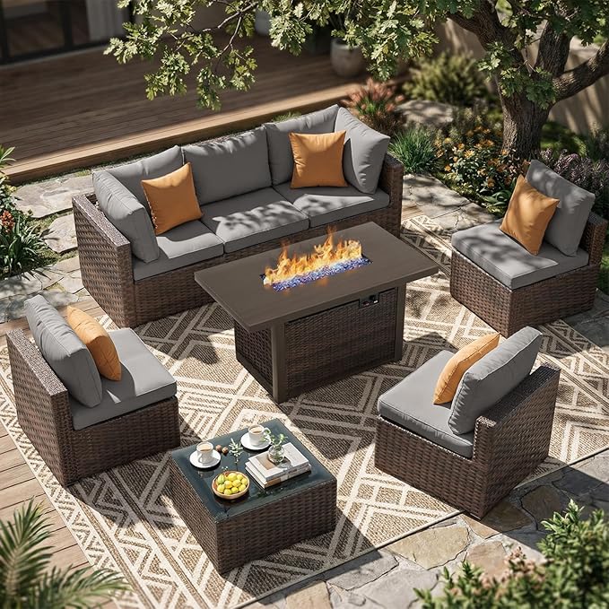 8 Pieces Patio Furniture Sets Outdoor Sectional Sofa with 44'' Propane Rattan Wicker Firepit Table, Patio Sectional Conversation Set with Cushions for Backyard, Poolside, Garden Grey