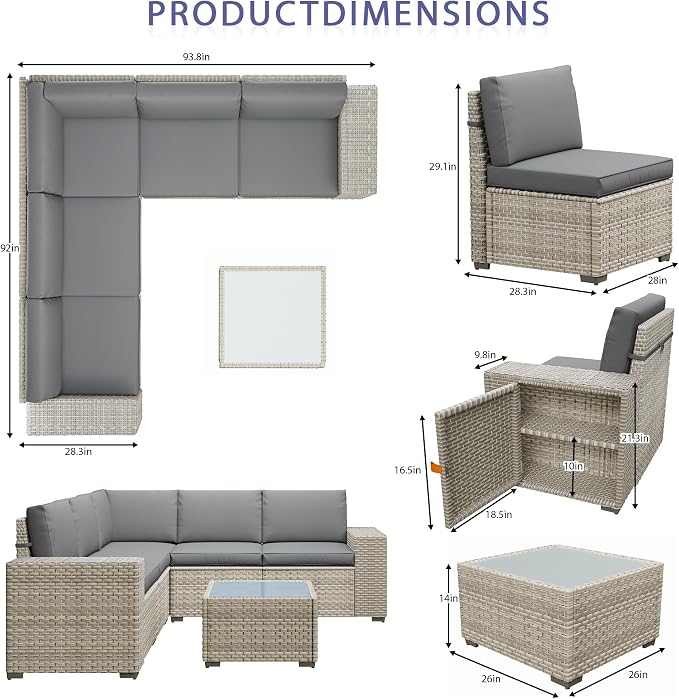 12 Piece Patio Furniture Set, 9.8" Wide Arm Sectional Sofa with Storage Armrests, All-Weather Rattan Outdoor Conversation Set for Garden, Porch, Lawn, Backyard, Balcony, Grey