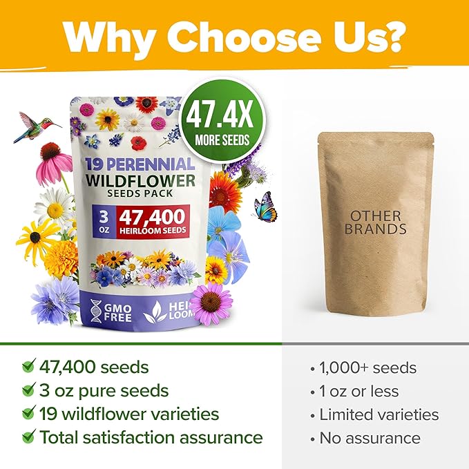 HOME GROWN Wildflower Seeds Bulk Mix | 47,400+ Non-GMO Perennial Flower Seed for Outdoor Planting | 19 Varieties for Attracting Birds & Butterflies | 3 oz