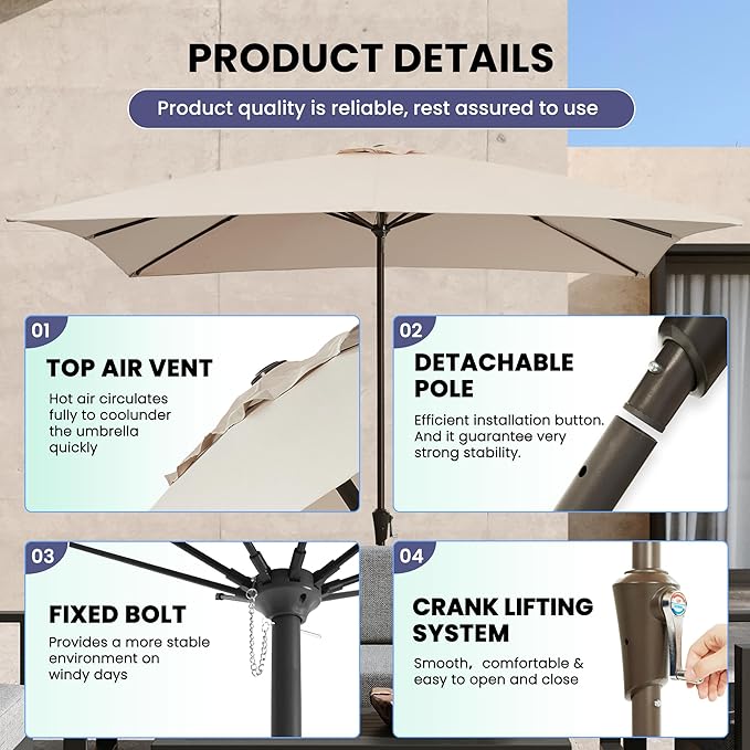 Ayge 8x10FT Large Rectangular Patio Umbrella Outdoor Table Umbrella w/Crank Rectangle Market Umbrella UV Protection for Garden, Deck,Lawn,Yard & Pool, Beige