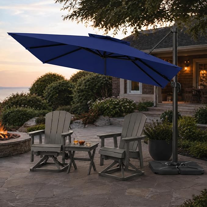 10FT Cantilever Patio Umbrella with Solar Lights, Large Outdoor 2 Tier Aluminum Offset Square Umbrellas 360 Degree Rotation for Garden Deck Pool