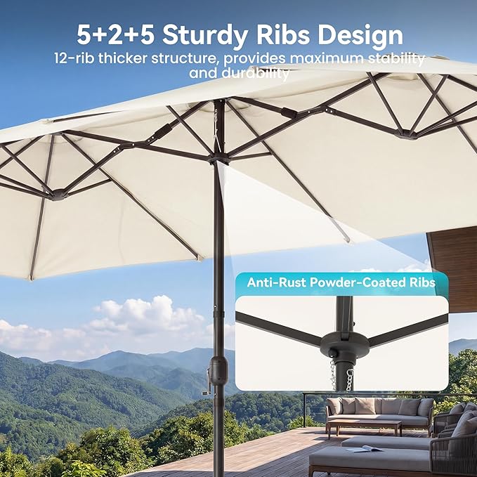 COSIEST 15FT Patio Umbrella with Base Included, Outdoor Double-Sided Table Umbrella,Large Rectangular Market Umbrella w Crank Handle for Garden, Pool, Deck Shade,Beige