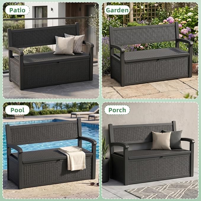 80 Gallon Outdoor Storage Bench Waterproof Resin Lockable UV Resistant Deck Box Benches Furniture Outside Porch Patio Pool Garden Tool Cushion Black