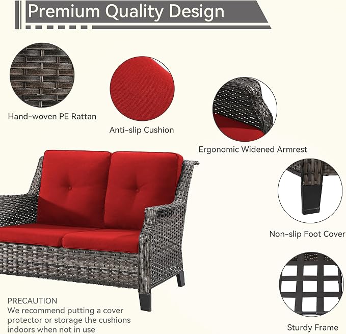 3 Piece Patio Furniture Set, 2-Seater Loveseat and 2 Ottomans PE Wicker Footstool, Outdoors Rattan Conversation Set with Deep Seating and Olefin Cushions, for Backyard, Garden, Red