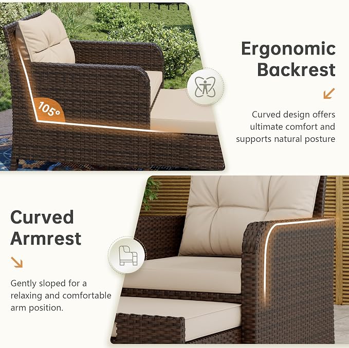LHBcraft 5 Piece Outdoor Furniture Set, PE Rattan Balcony Furniture with Soft Cushions, Patio Set 2 Ottoman & Table for Porch, Lawn, Garden, Brown