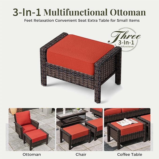 6-Piece Wicker Patio Furniture Set with Swivel Chairs, High Back Outdoor Furniture with Fire Pit Table and Ottoman, All-Weather Wicker Patio Conversation Set for Deck Yard Pool,Red
