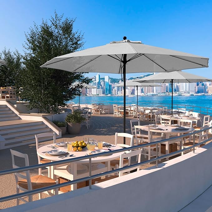 California Umbrella 11Ft Commercial Grade Market Umbrella, Pulley Lift, Aluminum/Fiberglass, 2mm pole wall, Black Frame, Solution Dyed White Fabric