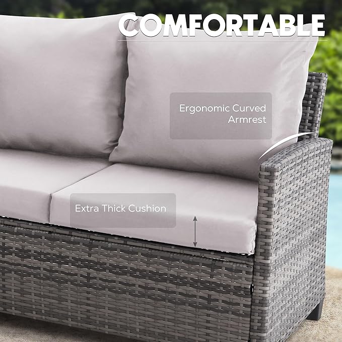 FHFO 5 Pieces Outdoor Patio Furniture Set, Wicker Sectional Sofa Patio Conversation Set Couch with Ottomans Rattan Chair and Table for Garden, Yard,Grey-Grey
