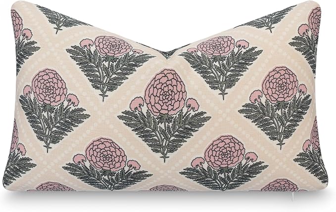 Crumbs Home Modern Farmhouse California Casual Indoor Outdoor Lumbar Pillow Cover, 12"x20" Water Repellent for Patio, Backyard, Couch, Earth Tone Dark Rose Tan Block Print Vintage Hydrangea Flowers