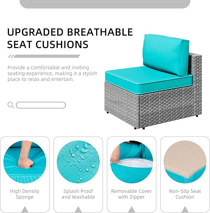 JAMFLY 8 Piece Outdoor Patio Furniture Set with Propane Fire Pit Table, All-Weather PE Wicker Rattan Sectional Sofa Set with Thick Cushions for Backyard, Garden, Poolside(Blue, Silver)