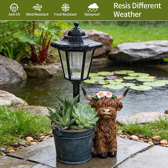 Solar Highland Cow Outdoor Statue, Garden Decor with Flowerpot & Lantern | Highland Cow Figurines for Yard Art Lawn Ornaments Porch Patio Balcony - Gifts for Women Mom Grandma