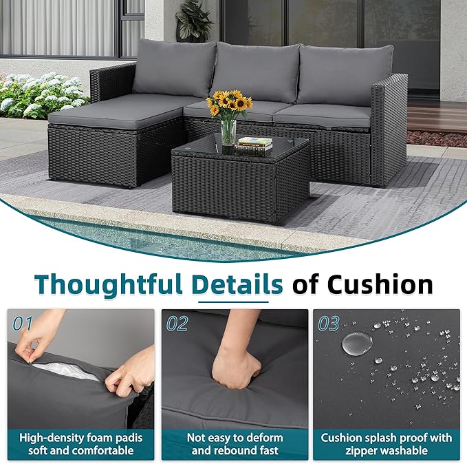 SUNLEI 3-Piece Patio Sectional Sofa, Patio Furniture Set with Detachable Soft Cushions, Outdoor PE Rattan Patio Conversation Sofa Set with Glass Coffee Table & Ottoman, Black Rattan/Grey