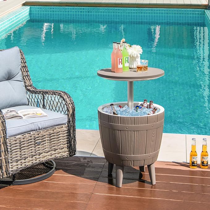 Moccha Outdoor End Table Cooler - 10 Gallon Cooler Side Table with Height Adjustable Tabletop, 3-in-1 Ice Bucket for Beer & Wine Storage, Cocktail Patio Bar Table for Deck Pool Backyard Party (Brown)