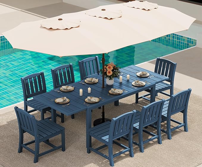 SERWALL 10-Piece Patio Dining Sets with 15FT Patio Umbrella, 60" - 83" Expandable Outdoor Dining Table and 8 HDPE Chairs, All Weather HDPE Outdoor Furniture Set, Blue (Umbreall Base not Included)