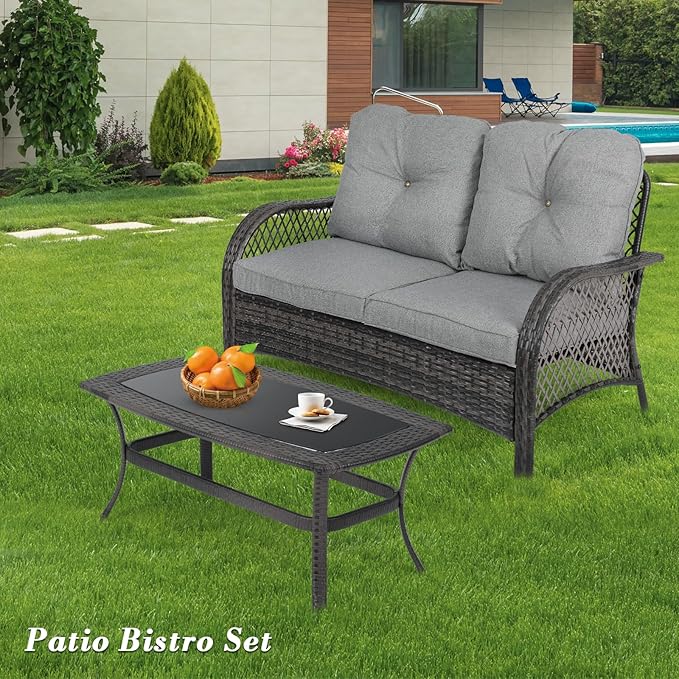Athena Collection Outdoor Furniture Set Patio Loveseat and Table Set of 2, PE Rattan Sofa Conversation Set Double Chair Match Thickened Cushion and Coffee Table for Garden Porch Yard, Gray